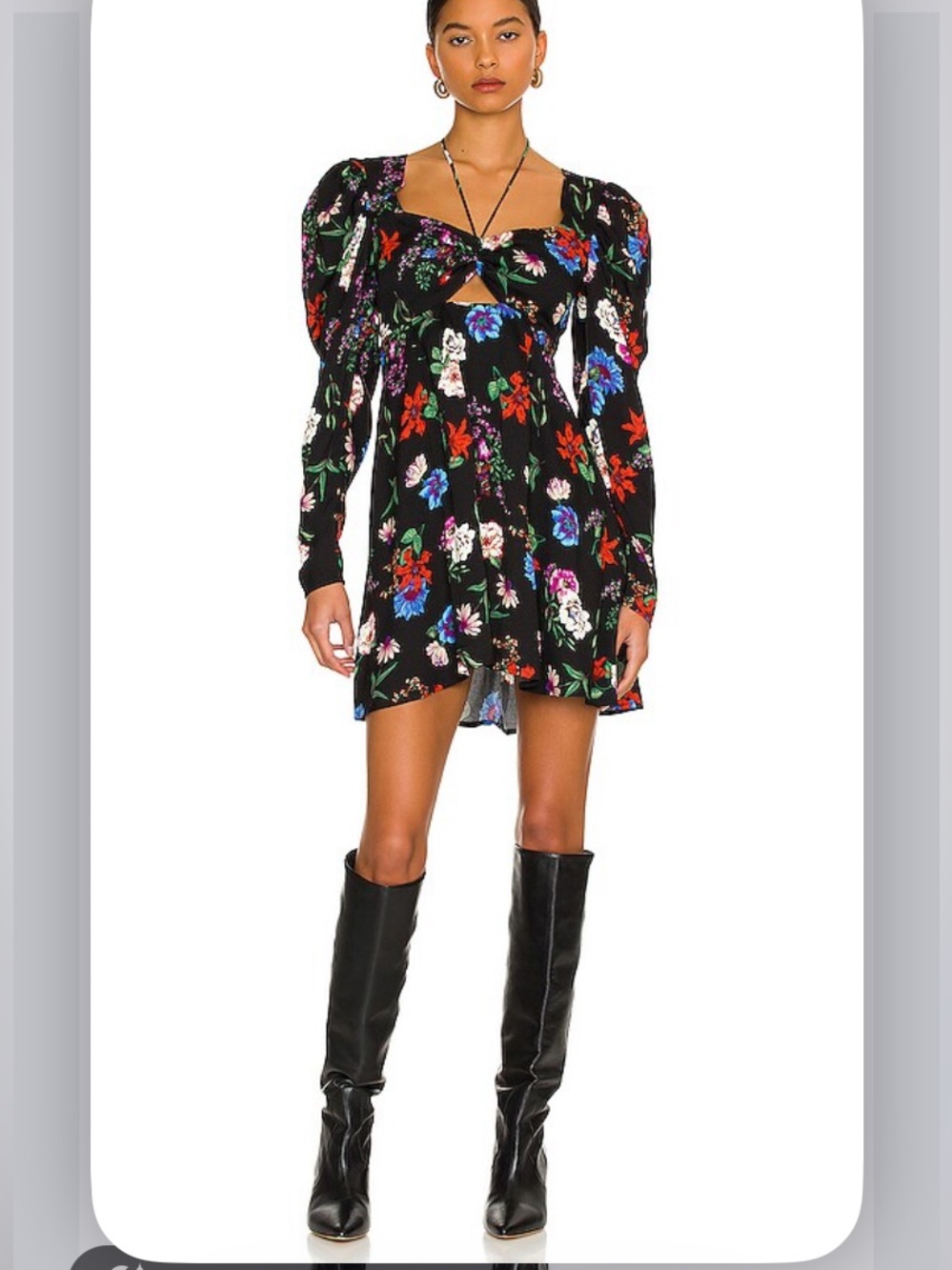 AFRM Black Floral Tie-Front Mini Dress with Red, Blue, Pink and Green Blooms. XS